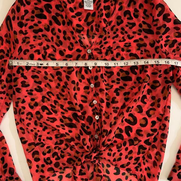 DEB Sheer Pink Leopard Red Button Down High Low Blouse XS - Picture 3 of 12